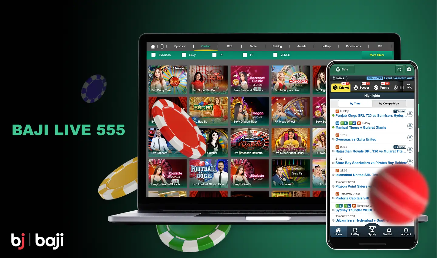 Baji Live 555 is the official mirror of the site where you can bet on sports and play casino games